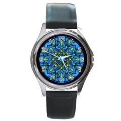 Mandala Blue Abstract Circle Round Metal Watch by Nexatart