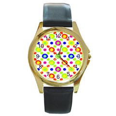 Multicolored Circles Motif Pattern Round Gold Metal Watch by dflcprints