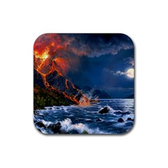 Eruption Of Volcano Sea Full Moon Fantasy Art Rubber Coaster (square)  by Sapixe
