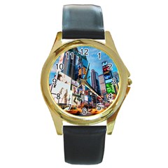 New York City Round Gold Metal Watch by Sapixe