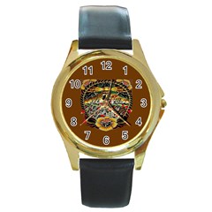 Tattoo Art Print Traditional Artwork Lighthouse Wave Round Gold Metal Watch by Sapixe
