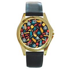 Virus Pattern Round Gold Metal Watch by Sapixe