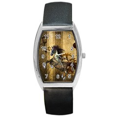 Awesome Steampunk Horse, Clocks And Gears In Golden Colors Barrel Style Metal Watch by FantasyWorld7