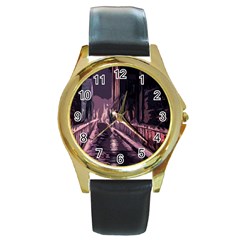 Texture Abstract Background City Round Gold Metal Watch by Sapixe