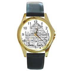Line Art Architecture Church Italy Round Gold Metal Watch by Sapixe
