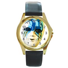 Porcelain Mask Minature Mask Round Gold Metal Watch by Sapixe