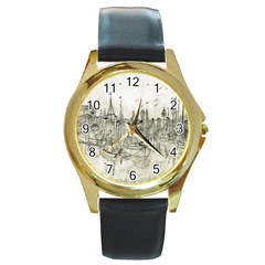 Pencil Drawing Drawing Port Round Gold Metal Watch by Sapixe