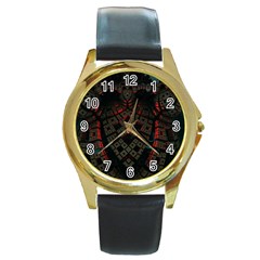Fractal 3d Dark Red Abstract Round Gold Metal Watch by Sapixe
