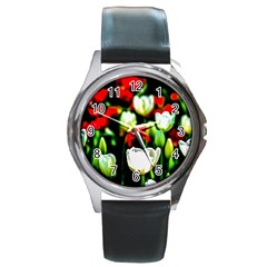 White And Red Sunlit Tulips Round Metal Watch by FunnyCow