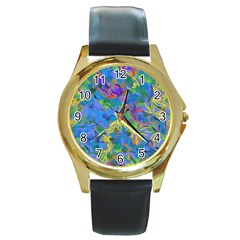Paint Brushes On A Blue Background                                         Round Gold Metal Watch by LalyLauraFLM