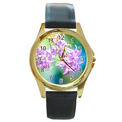 Beautiful Pink Lilac Flowers Round Gold Metal Watch by FunnyCow