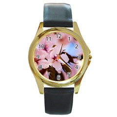 Three Sakura Flowers Round Gold Metal Watch by FunnyCow