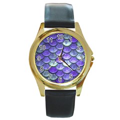 Blue Purple Mermaid Scale Round Gold Metal Watch by snowwhitegirl