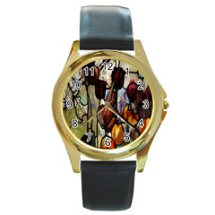 Tiffany Window Colorful Pattern Round Gold Metal Watch by Sapixe