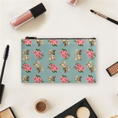 Retro Dog Floral Pattern Blue Cosmetic Bag (small) by snowwhitegirl