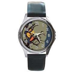 Art Drawing Abstract Blue Yellow Round Metal Watch by Celenk
