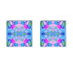 Pink And Purple Dahlia On Blue Pattern Cufflinks (square) by myrubiogarden