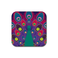 Peacock Bird Animal Feathers Rubber Coaster (square)  by Wegoenart