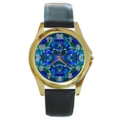 Abstract #8   I   Aqua Blues 6000 Round Gold Metal Watch by KesaliSkyeArt