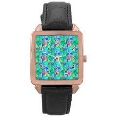 Garden Quilt Painting With Hydrangea And Blues Rose Gold Leather Watch  by myrubiogarden