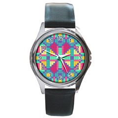 Checkerboard Squares Abstract Round Metal Watch by Pakrebo