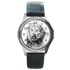 Lion Wildlife Art And Illustration Pencil Round Metal Watch by Sudhe