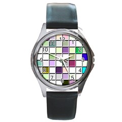 Color Tiles Abstract Mosaic Background Round Metal Watch by Sudhe
