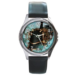Spirit Of Steampunk, Awesome Train In The Sky Round Metal Watch by FantasyWorld7