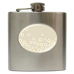 White Daisies Flower Pattern On Vintage Pastel Beige Background Retro Style Hip Flask (6 Oz) by genx
