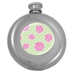 Roses Flowers Pink And Pastel Lime Green Pattern With Retro Dots Round Hip Flask (5 Oz) by genx