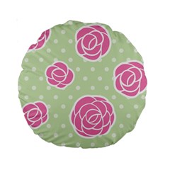 Roses Flowers Pink And Pastel Lime Green Pattern With Retro Dots Standard 15  Premium Round Cushions by genx