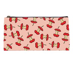 Red Apple Core Funny Retro Pattern Half Eaten On Pastel Orange Background Pencil Cases by genx