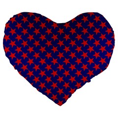 Red Stars Pattern On Blue Large 19  Premium Heart Shape Cushions by BrightVibesDesign
