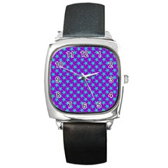 Turquoise Stars Pattern On Purple Square Metal Watch by BrightVibesDesign
