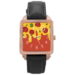 Pizza Topping Funny Modern Yellow Melting Cheese And Pepperonis Rose Gold Leather Watch  by genx