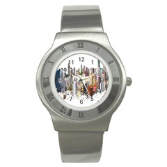 Hong Kong Skyline Watercolor Painting Poster Stainless Steel Watch by Sudhe