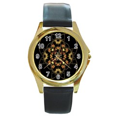 Fractal Stained Glass Ornate Round Gold Metal Watch by Sapixe
