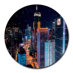 High Rise Buildings With Lights Round Mousepads by Pakrebo