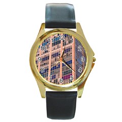 Low Angle Photography Of Beige And Blue Building Round Gold Metal Watch by Pakrebo