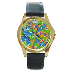 Paint Brushes On A White Background                           Round Gold Metal Watch by LalyLauraFLM