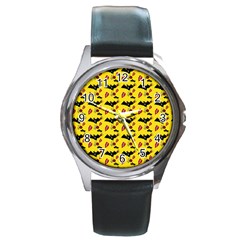 Bat Rose Lips Yellow Pattern Round Metal Watch by snowwhitegirl