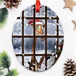 Funny Giraffe  With Christmas Hat Looks Through The Window Ornament (Oval Filigree) Front