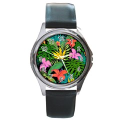 Tropical Greens Round Metal Watch by Sobalvarro