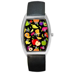 Vector Seamless Summer Fruits Pattern Black Background Barrel Style Metal Watch by Vaneshart