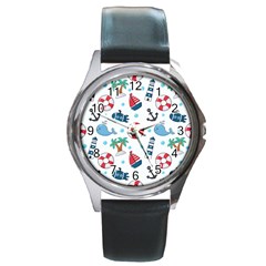 Seamless Pattern Nautical Icons Cartoon Style Round Metal Watch by Vaneshart