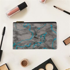 Marble Light Gray With Bright Cyan Blue Veins Texture Floor Background Retro Neon 80s Style Neon Colors Print Luxuous Real Marble Cosmetic Bag (xs) by genx