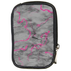Marble Light Gray With Bright Magenta Pink Veins Texture Floor Background Retro Neon 80s Style Neon Colors Print Luxuous Real Marble Compact Camera Leather Case by genx
