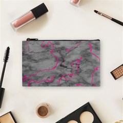 Marble Light Gray With Bright Magenta Pink Veins Texture Floor Background Retro Neon 80s Style Neon Colors Print Luxuous Real Marble Cosmetic Bag (small) by genx