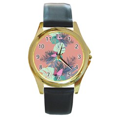 Leaves Round Gold Metal Watch by Sobalvarro