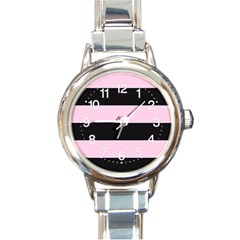 Black And Light Pastel Pink Large Stripes Goth Mime French Style Round Italian Charm Watch by genx